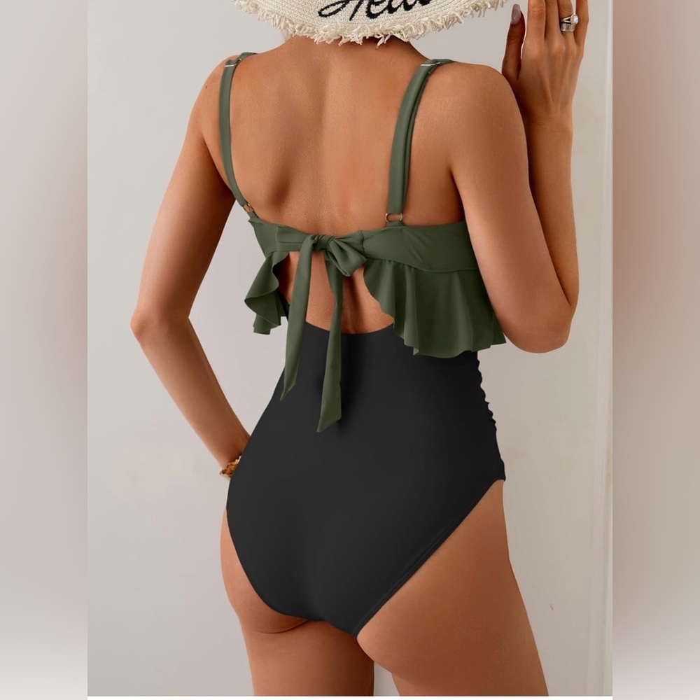 NWT B2prity Tummy Control One-Piece Ruffled Swimsuit Army Green & Black Size M - Picture 9 of 10
